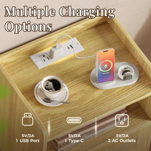 Nightstand with Charging Station & Rattan