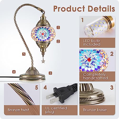 Turkish Moroccan Lamp with Bronze Base 3 Color Options Handmade Swan Neck Mosaic Glass Bedside Lamps for Bedroom