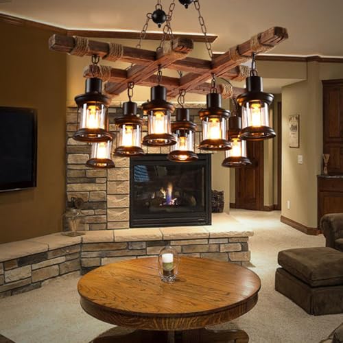 8 Lights Industrial Retro Wooden Chandelier Pendant Light Island Hanging Ceiling Fixture Vintage Farmhouse Wood Light Adjustable Chain for Home Cafe Bar Restaurant