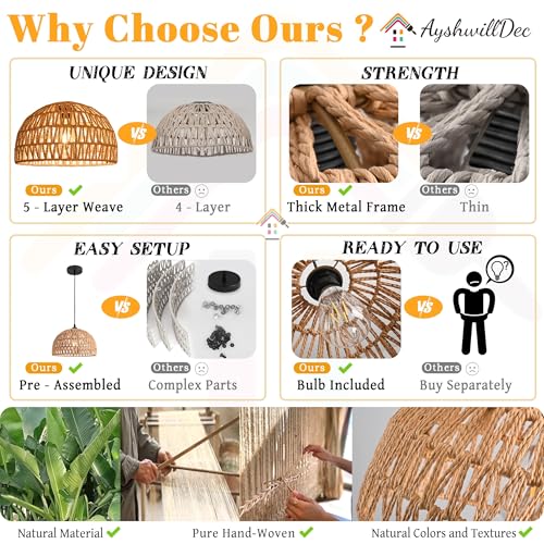 2 Pack Hemp Rope Woven Pendant Light Woven Light Fixture Boho Chandelier Light Fixture Wicker Pendant Lights Rattan Dome Wicker Chandelier for Dining Room Kitchen Island