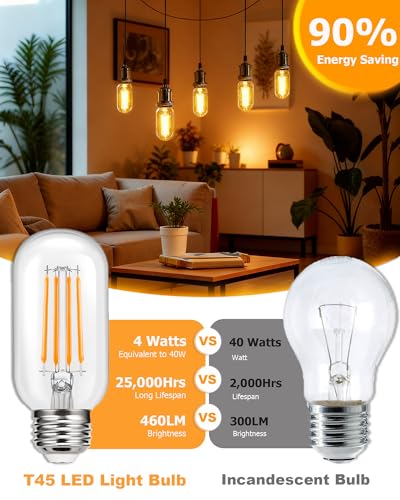T45 4W LED Edison Bulbs E26 Base 40W Equivalent with Clear Glass