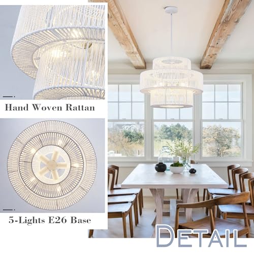 22" Farmhouse Rattan Chandeliers Large White Boho Light Fixtures for Dining Room Kitchen Island Living Room Foyer Hallway 5