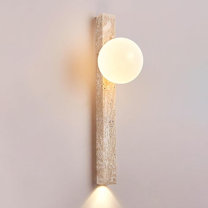 Modern Yellow Travertine Wall Sconce, Japanese Style Wabi Sabi Light Fixture with Natural Stone Base & Glass Lampshade, Interior Decoration Wall Lamp for Bedroom Living Room Hallway(60cm)