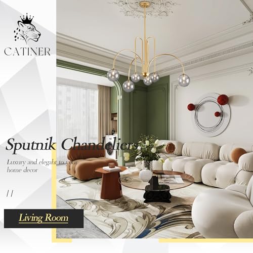 Modern 40" 6 Light Gold Sputnik Chandelier with Smoke Glass Globe
