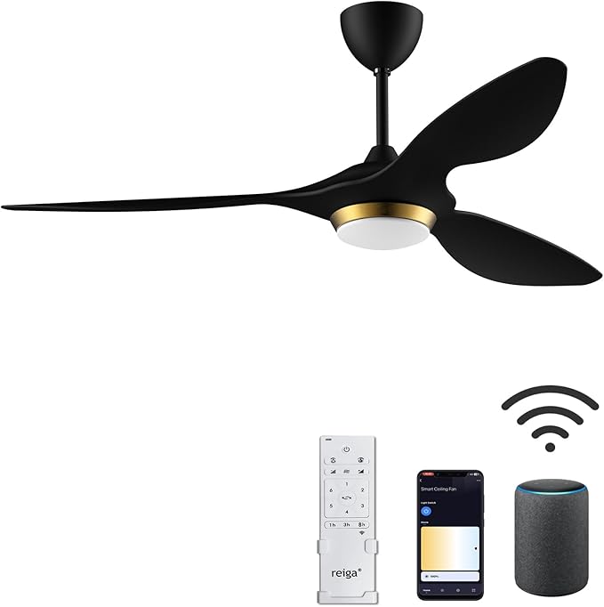 reiga 52 Inch Black Modern Ceiling Fans with Lights and Remote Control, Smart WiFi 3 Blades Quiet DC Motor for Living Room Bedroom Patio Garage, ETL Listed - Aura Lighting
