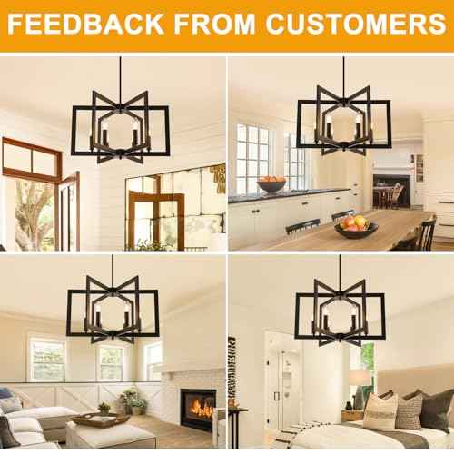 22" Black Chandelier for Dining Room, 6-Light Geometric Farmhouse Dining Room Fixture, Modern Foyer Lighting Fixtures, Industrial Hanging Pendant Lights for Kitchen Island, Living Room, Entryway