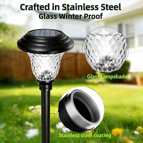 8 Pack Solar Pathway Lights White+Color Changing Stainless Steel 3 Mode Outdoor Multicolor Metal Solar Powered Waterproof Glass for Garden Landscape Path Yard Walkway Driveway Black (8 Count)