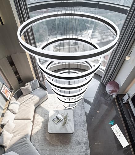 6 Rings Modern LED Chandeliers Large High Ceiling Chandelier for Foyer Black Dimmable Long Handing Lighting Fixture for Living Room Entryway Villa Staircase 3000K