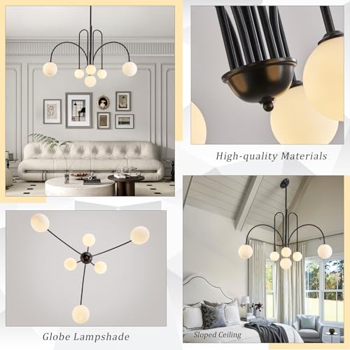 Modern 40" 6 Light Black Sputnik Chandelier with Milk Glass Globe
