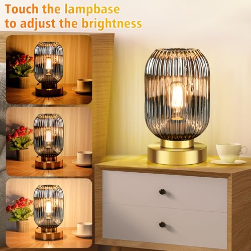 Mid Century Modern Table Lamp with Smoke Grey Ribbed Glass Shade