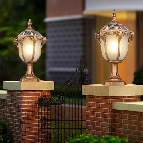 2 Packs Solar Pillar Lamps 18.1In Outdoor Post Caps Light Solar Power Post Lighting Bronze Column Lamps with Glass Waterproof Landscape Lighting Fence Deck Bollard Light Mailbox Yard Path Lamp