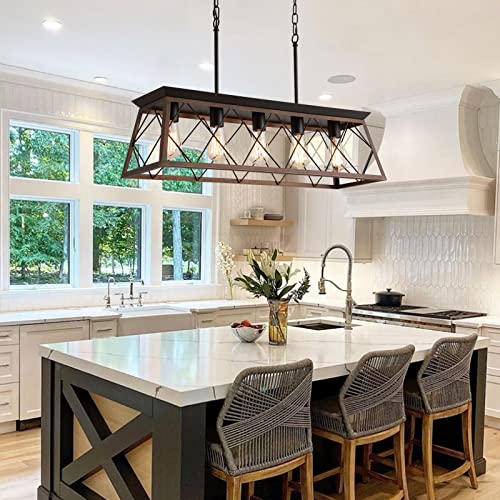 Farmhouse Rustic Chandelier Light Fixtures Bronze 5 Lights Linear Rectangular Chandelier Pendant Light Fixtures for Dining Room Kitchen Island Pool Bar Office Living Room Entryway UL Listed