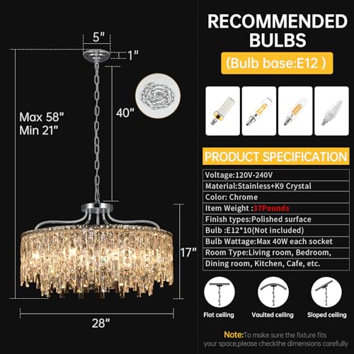 10 Lights Chrome Round Crystal Chandeliers for Dining Room 28"