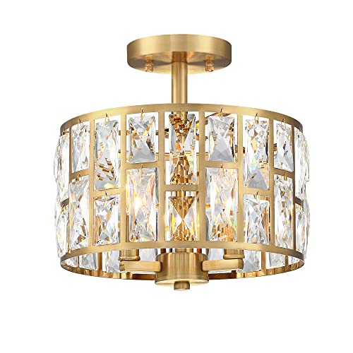 Gold Finish 3LT Crystal Semi Flush Mount Ceiling Light Fixture