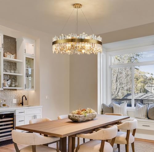 Modern Brass Gold Round Crystal Chandelier for Dining Room D31.5''