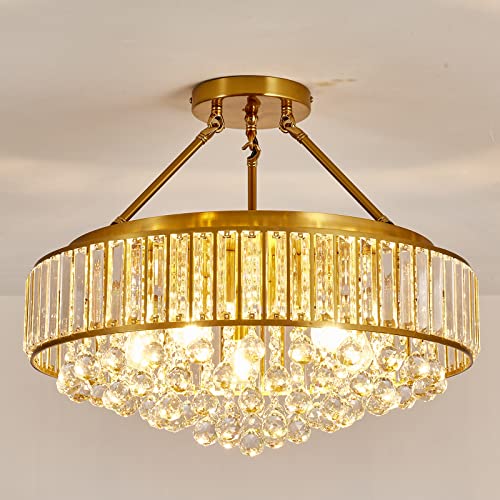 6 Light Modern Large Crystal Chandelier Gold Metal E26 Semi Flush Mount Round Ceiling Light Fixture Ceiling Lamp Farmhouse for Dining Room Living Room Laundry Room Foyer Kitchen Bedroom