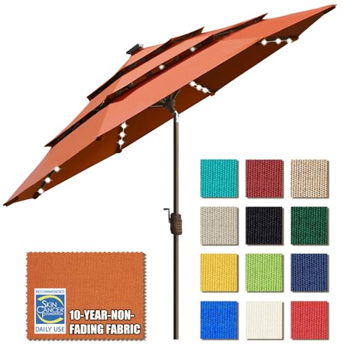 USA 10-Year-Non-Fading 9ft 3-Tier Market Patio Umbrella, Commercial Table Umbrella with 80 Solar LED Lights, Crank Open, Windproof & UPF 50+ UV Protection for Garden, Deck, Pool, Backyard, Rust