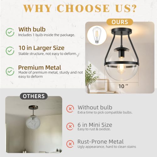 10" Mid Century Ceiling Light Modern Black Semi Flush Mount Ceiling Light with Clear Glass Shade Globe Semi Flush Mount Ceiling Light Fixture for Bedroom Hallway Bathroom Foyer