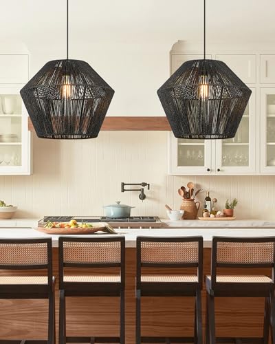 16.5” Large Modern Woven Chandelier Farmhouse Coastal Pendant Light Fixtures Matte Black Handwoven Rattan Basket Shade Boho Pendant Hanging Lamp for Kitchen Dining Room Bedroom Foyer Hallway