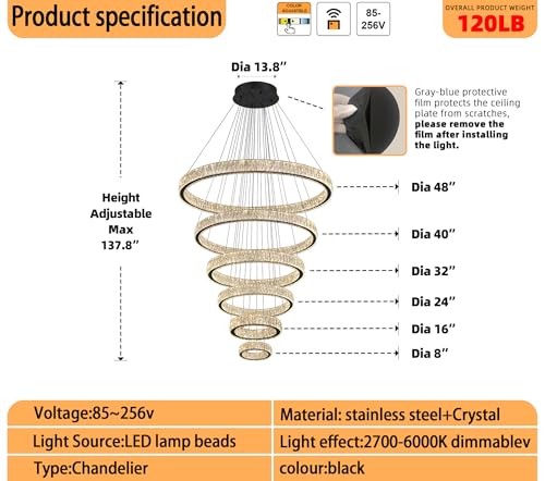 Extra Large 6 Ring Crystal Chandelier Modern LED Long Crystal Chandelier for High Ceiling Height Adjustable Black D8+15.7"+23.6"+31.5"+39.4"+47.5" Dimmable 2700K