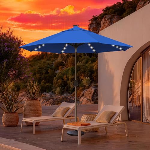 USA 10-Year-Non-Fading 10ft Market Patio Umbrella, Commercial Grade Table Sun Umbrella with 80 Solar LED Lights, Crank Open, Windproof & UPF 50+ UV Protection for Garden, Deck, Pool, Backyard, Royal Blue