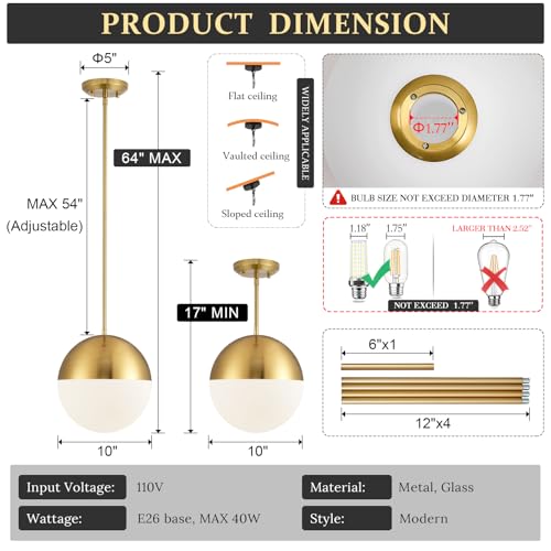 10in Glass Gold Pendant Light Globe Mid Century Modern Kitchen Island Pendant Lighting Brass Frosted Glass Hanging Light Fixtures Milky White Ball Pendant Lights for Dining Room Entry Bathroom