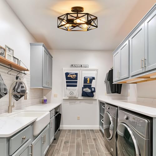 Modern Farmhouse Black Metal Semi Flush Mount Ceiling Light Fixture 14.6 in