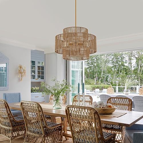 24” Boho Hand Woven Rattan Chandelier 3 Round Adjustable 4