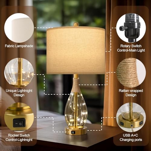 23" Table Lamps for Living Room Set of 2 Bedside Lamps for Night Stands Bedroom Lamps Farmhouse Rattan Boho Lamp Glass Nightlight End Table Lamp with USB C+A (2 Count)