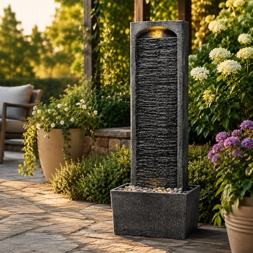 38.5" Faux Slate Contemporary Outdoor LED Waterfall Fountain with Pebble Base