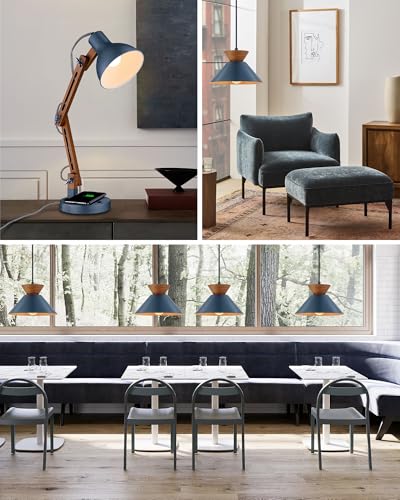 10 Inch Modern Pendant Light Fixture Farmhouse Solid Wood Hanging Lamp with Navy Blue Metal Shade & Gold Inner Finish Adjustable Pendant Light for Kitchen Island Dining Room Bedroom Modern Blue