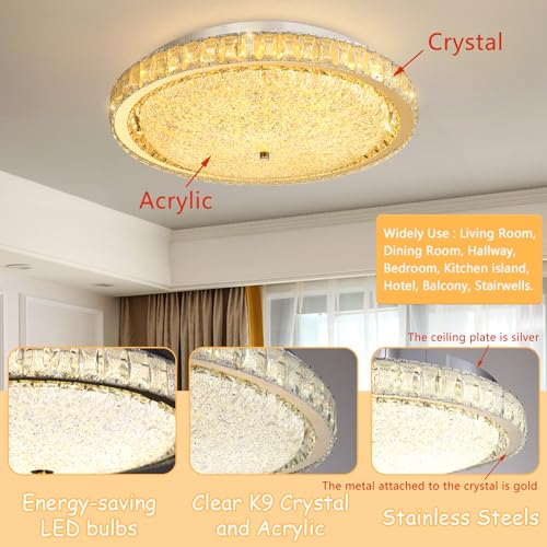 19.6" Modern Crystal Chandelier Dimmable LED Flush Mount Ceiling Light with Remote Control for Living Room Dining Room Bedroom Hallway Foyer Gold