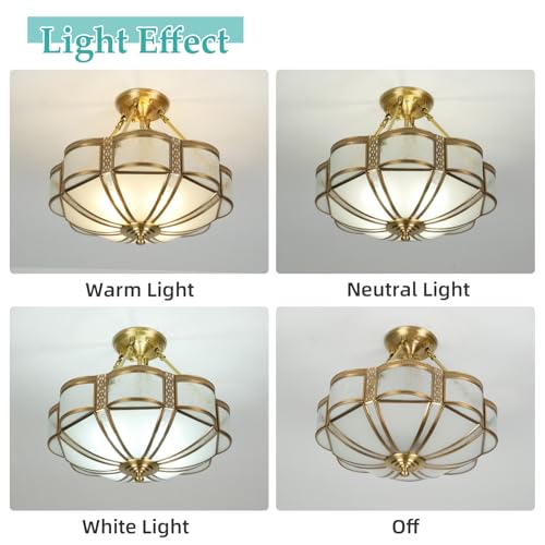 Brass Semi Flush Mount Ceiling Light Fixture with Ceramic Light Socket