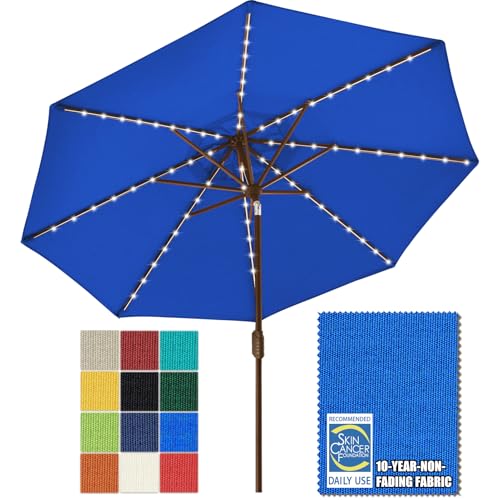 USA 10-Year-Non-Fading 9ft Market Patio Umbrella, Commercial Grade Table Sun Umbrella with 80 Solar LED Lights, Crank Open, Windproof & UPF 50+ UV Protection for Garden, Deck, Pool, Backyard, Royal Blue