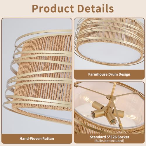5 Light Rattan Drum Chandelier 19.7'' Boho Gold Pendant Light