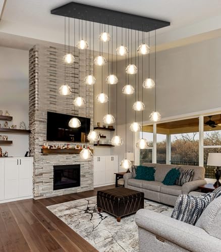 24 Lights Modern Rectangular Crystal Chandelier LED Raindrop Ceiling Pendant Light Crystal Lighting Fixture for Living Room Hotel Staircase Hallway Foyer Entryway Bedroom Black