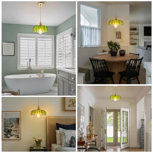 EDSILIVE Vintage Flower Glass Pendant Lights Kitchen Island 9.84" Antique Flower Green Glass Hanging Ceiling Light Fixture with Adjustable Brass Twine Wire for Dining Room Kitchen Table