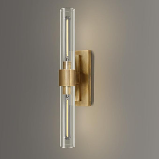 YUYI Wall Sconce, 22.8'' Brass Sconce Wall Lighting, Gold Bathroom Wall Light Fixture with Clear Glass Shade, Indoor Wall Sconce for Bathroom Vanity, Living Room, Bedroom, Hallway, Fireplace - Aura Lighting