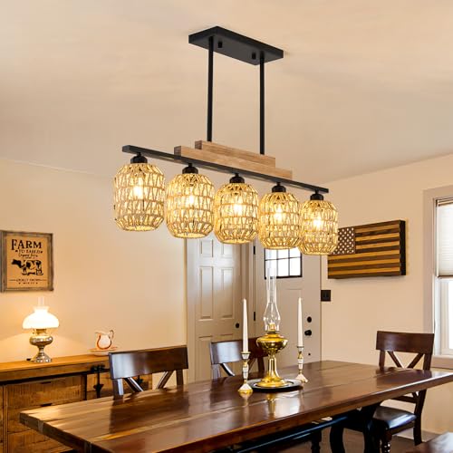 Dining Room Light Fixture 5 Light Large Rattan Kitchen Island Lighting with Boho Wicker Shade Chandelier Farmhouse Hanging Pendant Light for Living Room Bar Restaurant Bedroom