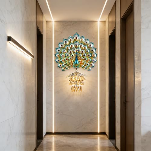 Modern Large Wall Sconce Crystal Glass Wall Mouunt Light Blue Resin Peacock Decorative Light E26 15.7" Wall Light Fixture for Bedroom Living Room Dining Room Hallway