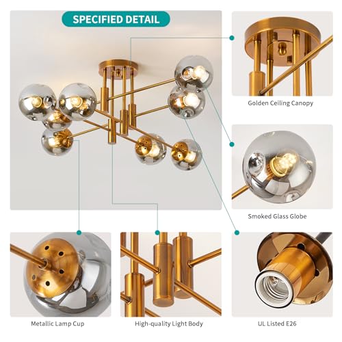 8 Lights Modern Gold Sputnik Ceiling Light Fixture for Living Room