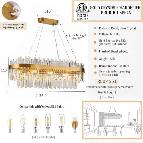 35.4" Brushed Gold Rectangular Crystal Chandelier Dining Room Kitchen