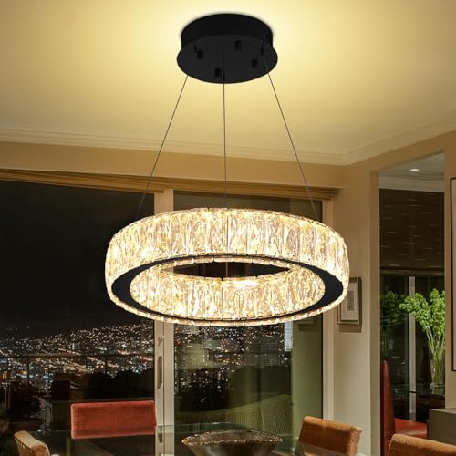 Modern LED Dimmable Crystal Chandelier 15.7in Black Ring Pendant Light Adjustable Round Crystal Chandelier Light for Dining Room Living Room