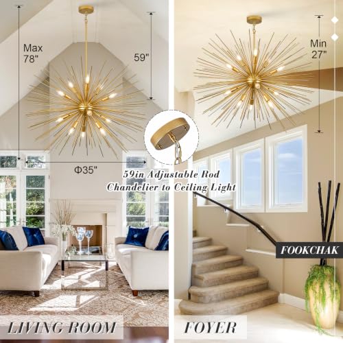 35in Gold Sputnik Chandelier 12 Light Starburst Light Fixture Solid Metal