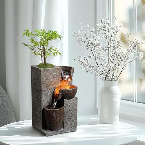Resin Tabletop Waterfall Fountain with LED Light & Plant Pot
