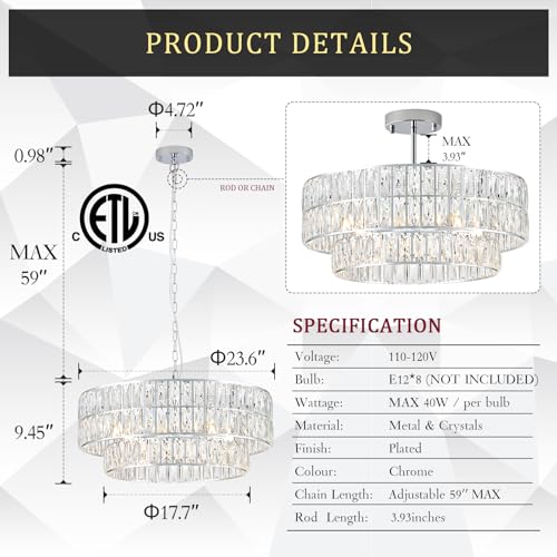 Chrome Crystal Chandelier 24" 8