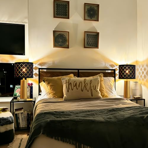 24" Modern Table Lamp for Living Room Bedroom Black Grid Shade