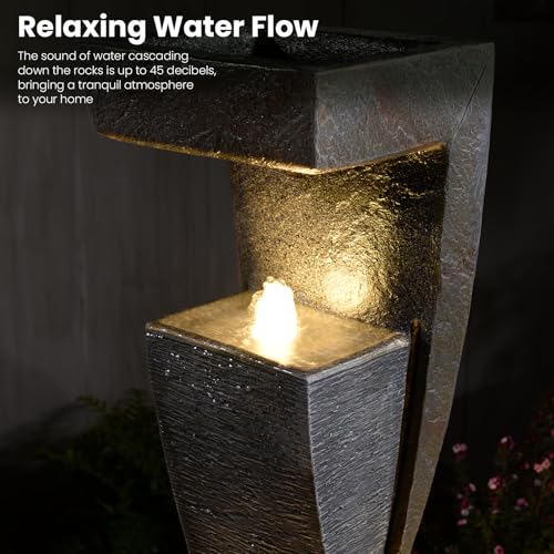47.2" H Garden Fountains Outdoor Modern Water Fountain Indoor Floor Standing Large Waterfall with LED Lights and Pump for Patio Decor