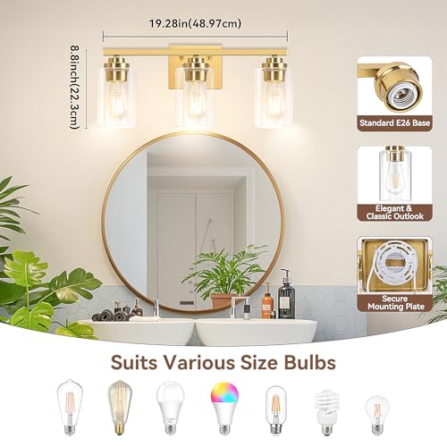 19" Gold Modern Vanity Lights Over Mirror with Clear Glass Shades