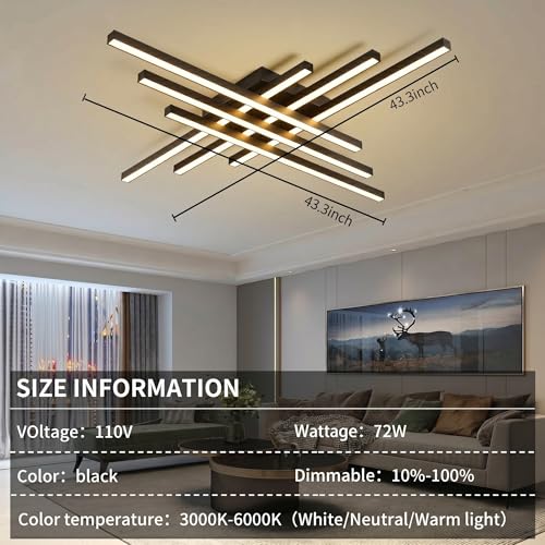 Modern LED Ceiling Lights 43.3" Black Flush Mount Ceiling Light Fixture Sputnik Dimmable Ceiling Lights with Remote Control for Bedroom Living Room Kitchen Room